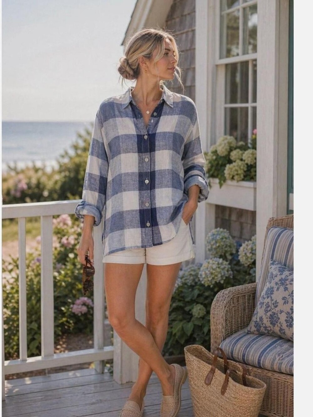 Soft Surroundings Plaid Carreaux Blue White Linen Button Shirt Tunic Zipper L